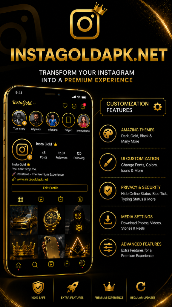 Insta Gold APK banner featuring a premium black-and-gold Instagram interface with advanced features and enhanced privacy options.